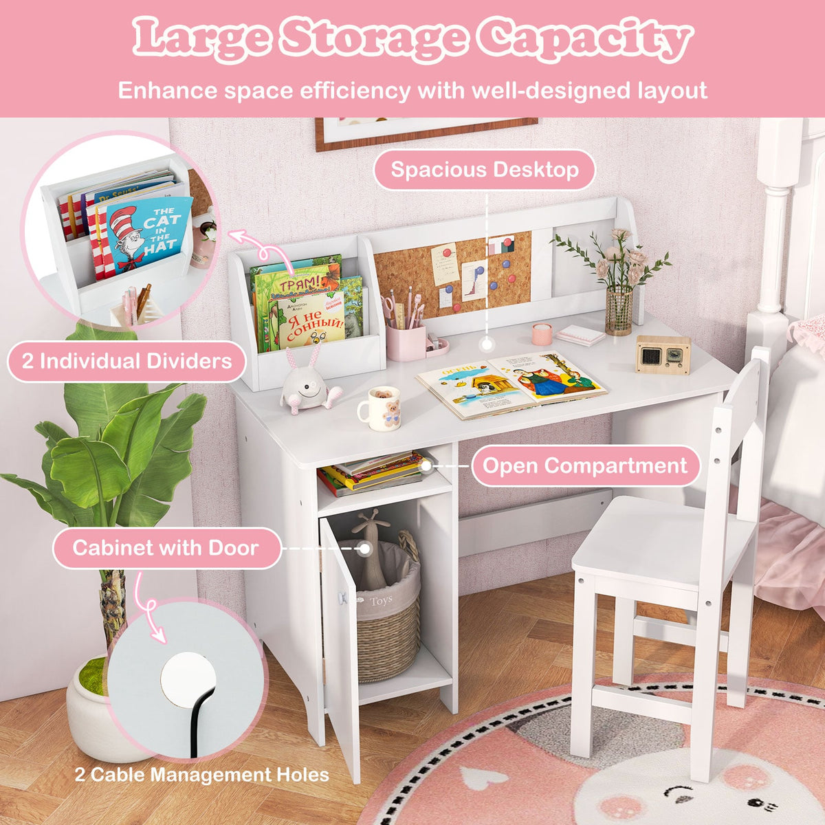 Wooden Kids Study Desk and Chair Set with Storage Cabinet and Bulletin Board-White