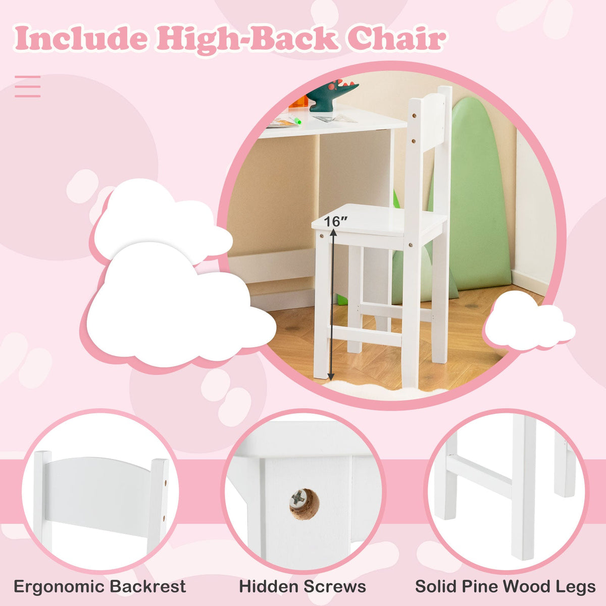 Wooden Kids Study Desk and Chair Set with Storage Cabinet and Bulletin Board-White
