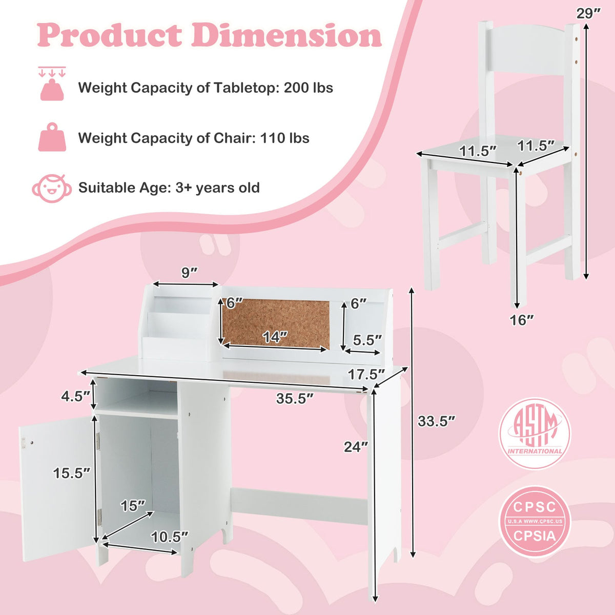 Wooden Kids Study Desk and Chair Set with Storage Cabinet and Bulletin Board-White