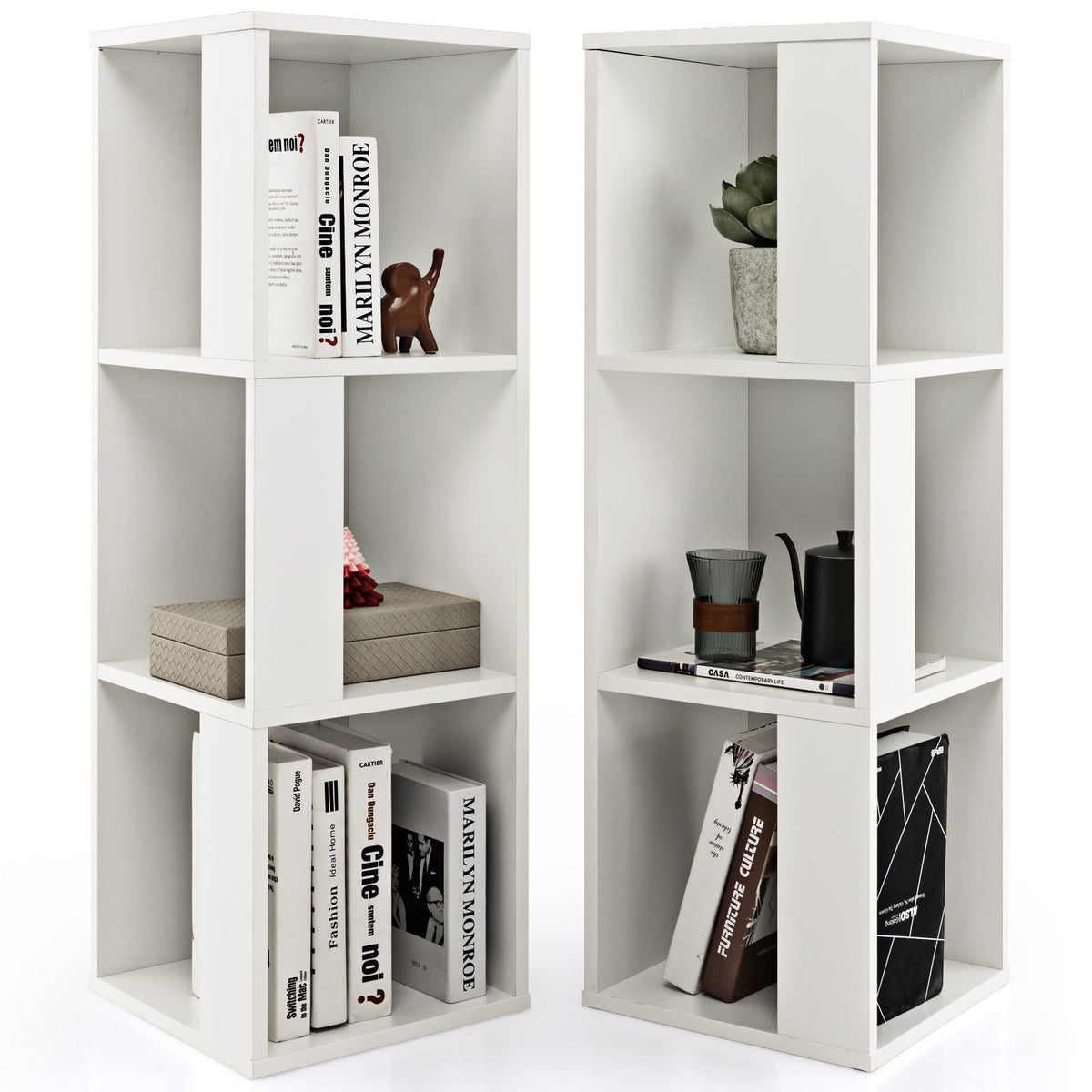 3 Tier Bookcase Pair, 6 Cubes in Two Freestanding Units, White