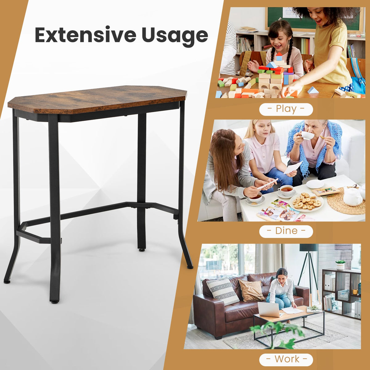 Narrow Sofa Side Table with Angled Rustic Top and Black Steel Legs