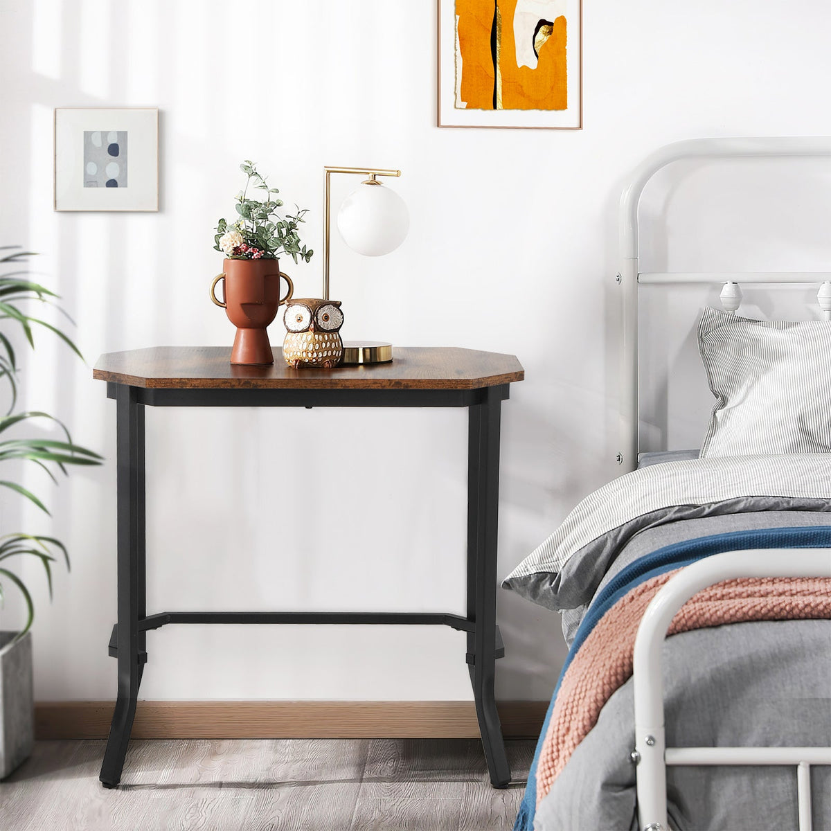 Narrow Sofa Side Table with Angled Rustic Top and Black Steel Legs