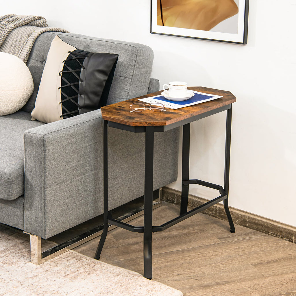 Narrow Sofa Side Table with Angled Rustic Top and Black Steel Legs