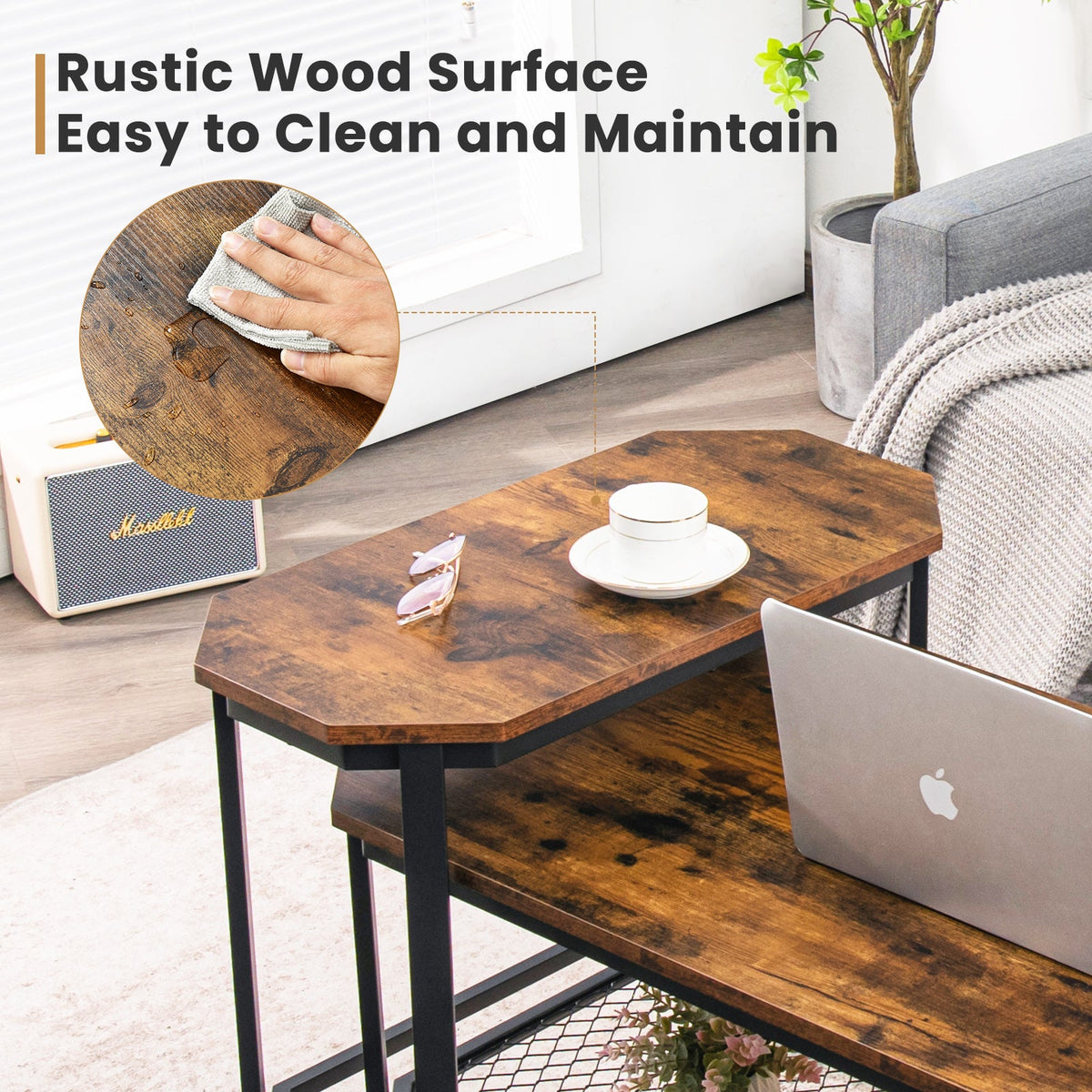 Narrow Sofa Side Table with Angled Rustic Top and Black Steel Legs