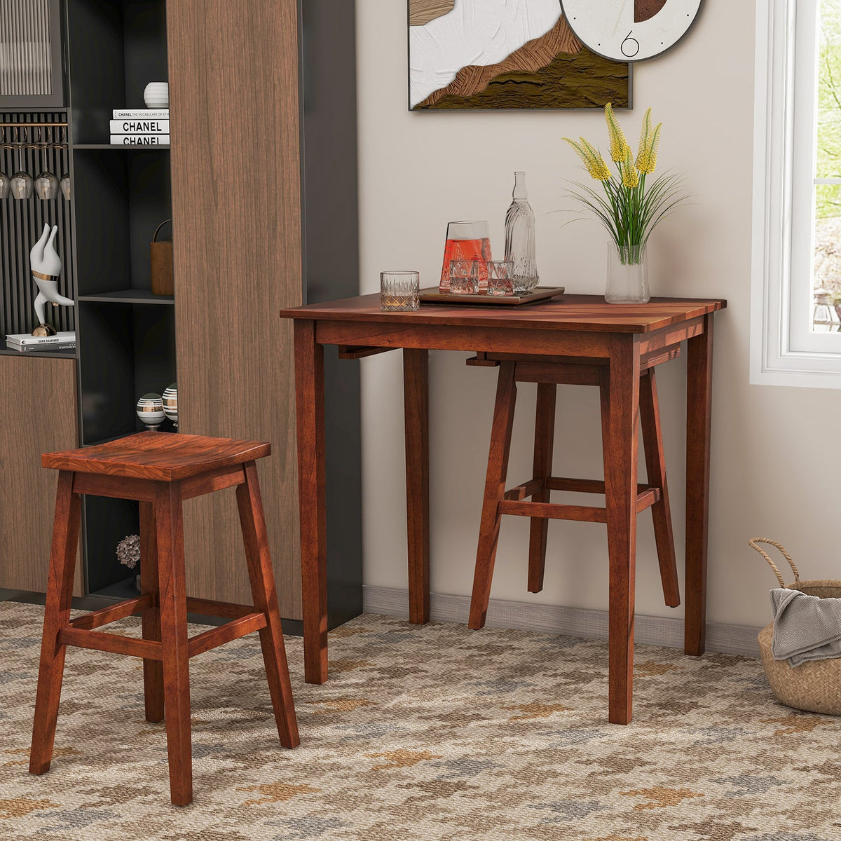 3-Piece Bar Table Set with Pub Table and 2 Saddle Stools-Espresso