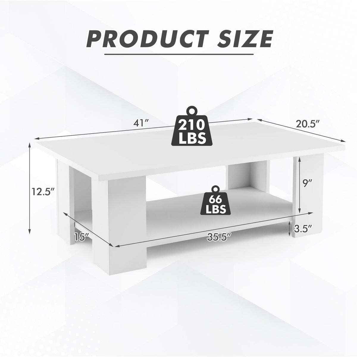 Large 2-Tier Wooden Coffee Table with Open Storage Shelf, White