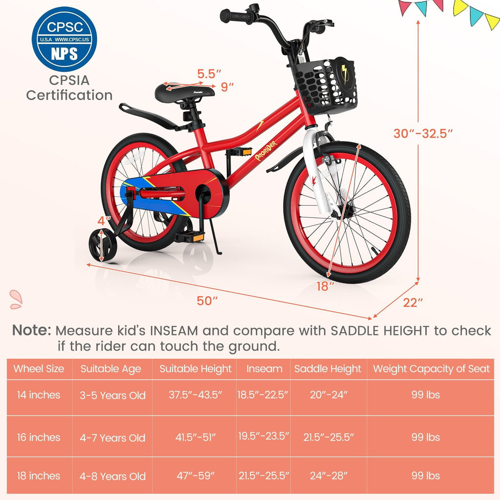 18 Inch Kids Bike with Removable Training Wheels, Red