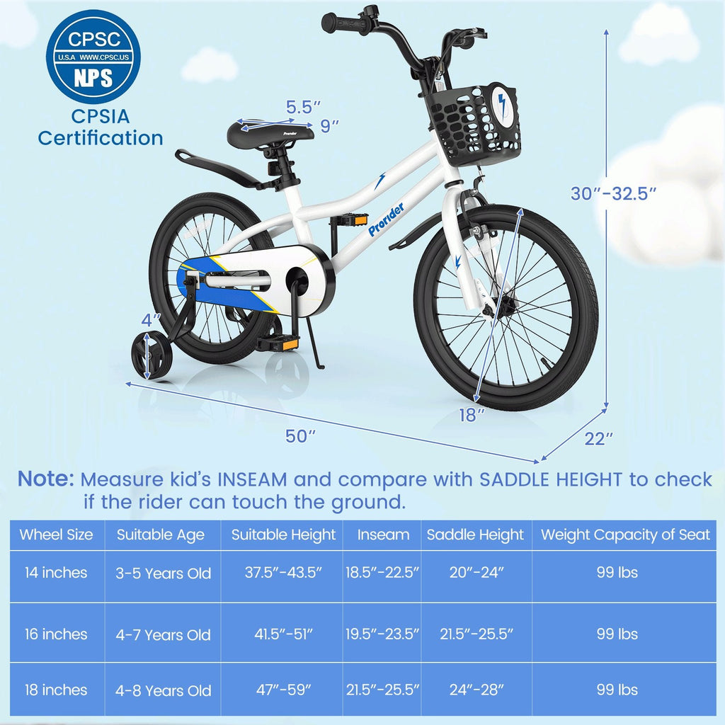 18 Inch Kids Bike with Removable Training Wheels, White