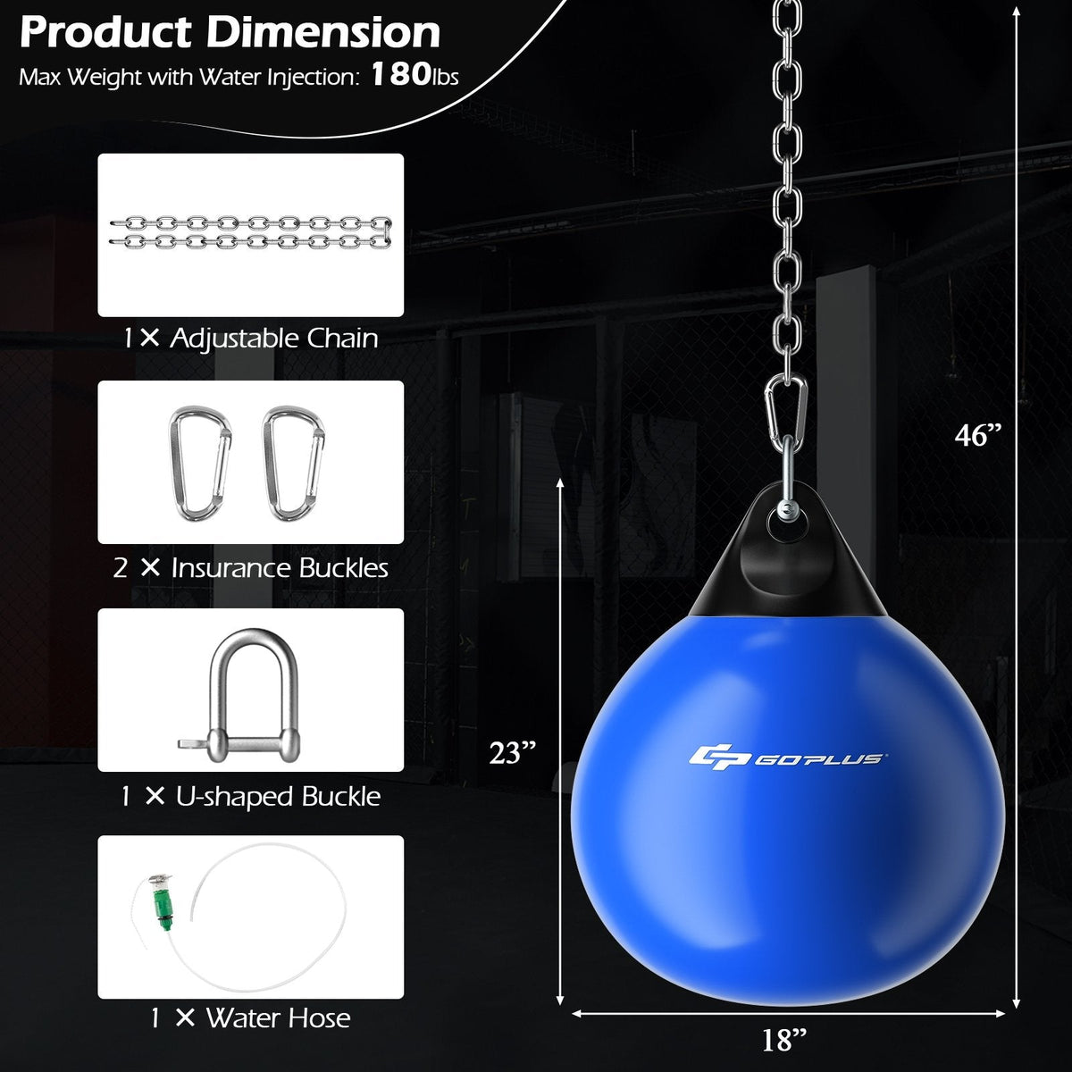 18 Inch 110 Pound Heavy Punching Water Aqua Bag with Adjustable Metal Chain-Blue
