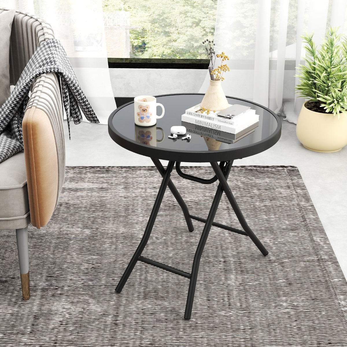 18 Inch Folding Side Table Patio Round Compact Coffee Table-Black