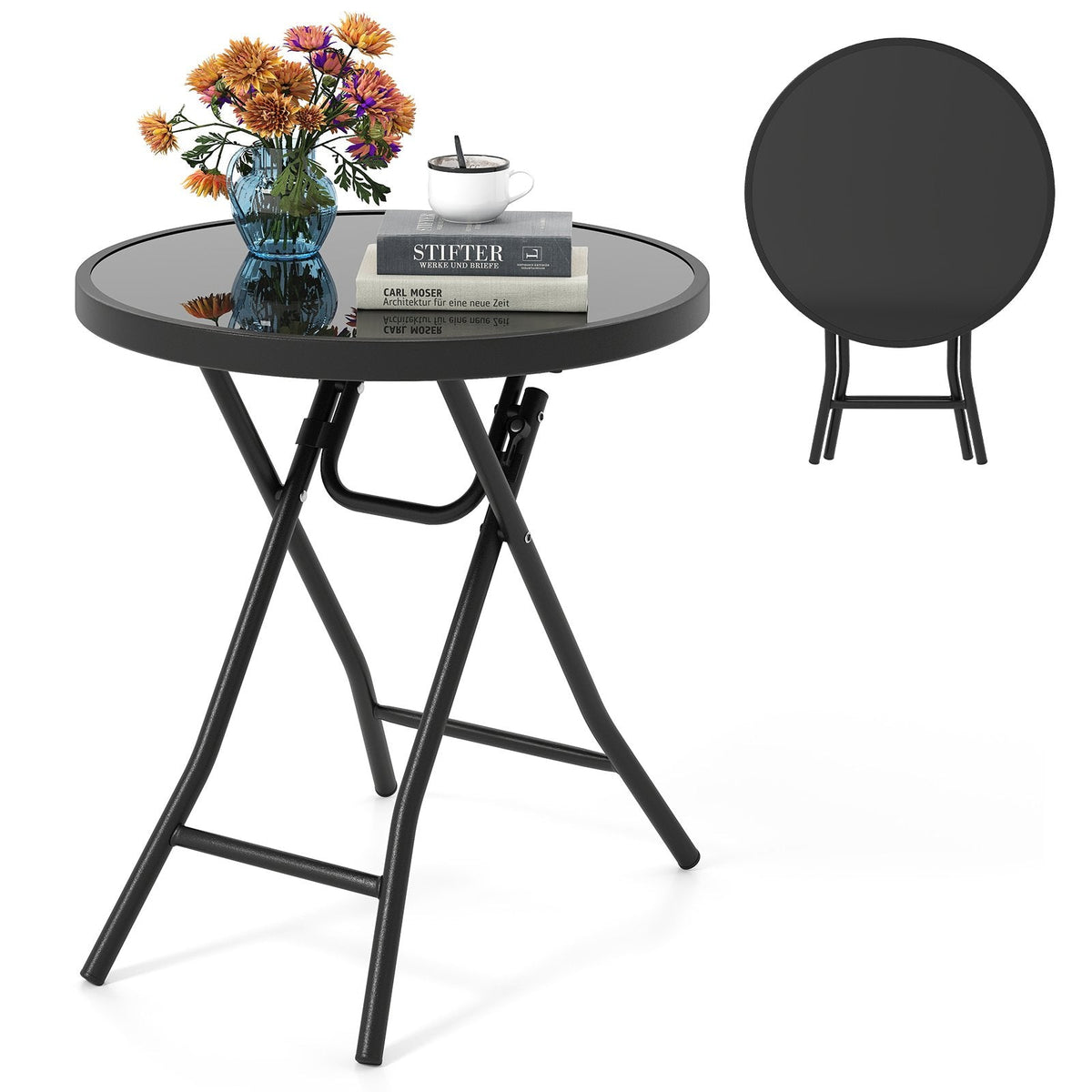 18 Inch Folding Side Table Patio Round Compact Coffee Table-Black