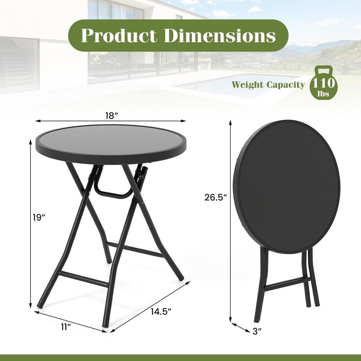18 Inch Folding Side Table Patio Round Compact Coffee Table-Black