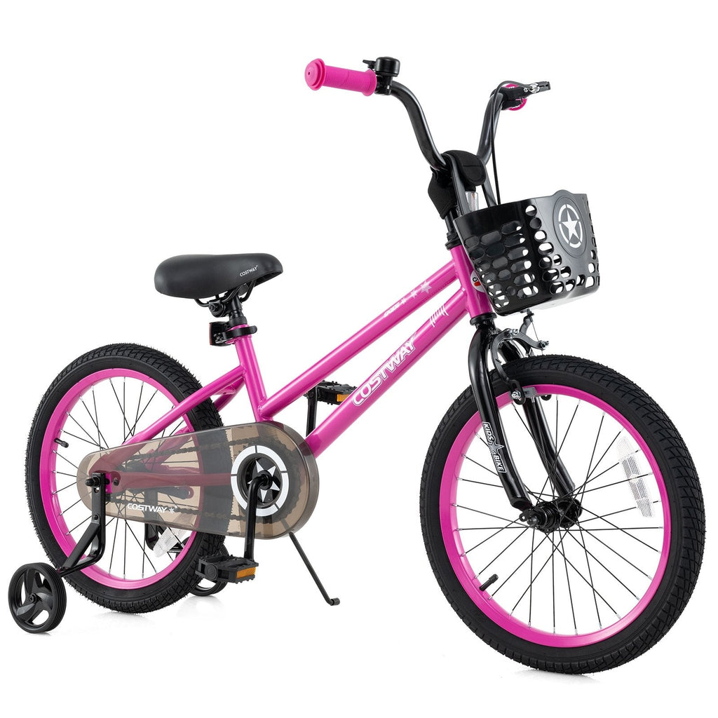 18 Inch Kids Bike with Front Basket and Training Wheels, Pink