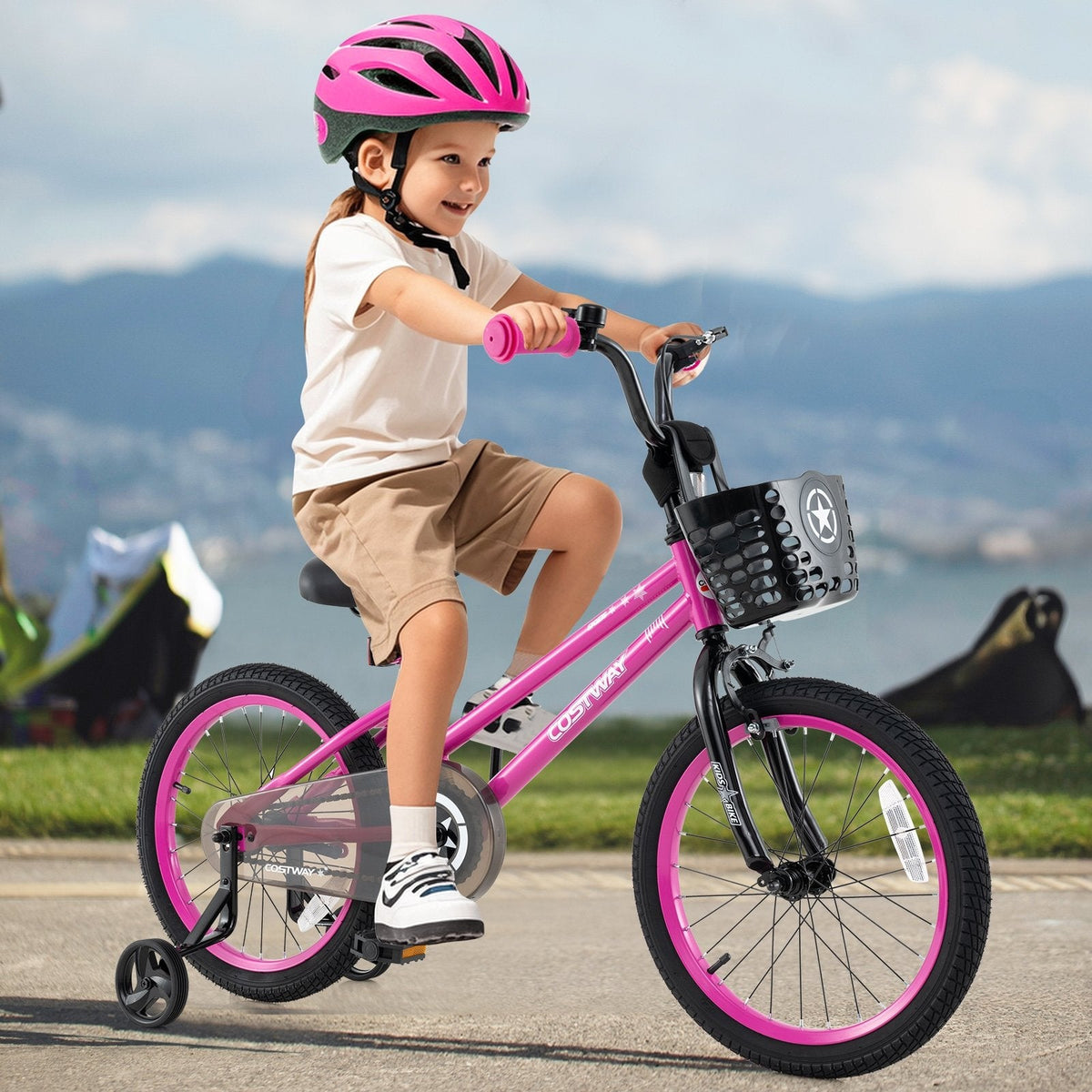 18 Inch Kids Bike with Front Basket and Training Wheels, Pink