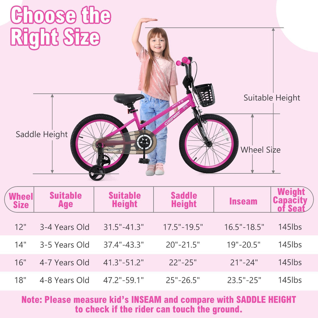 18 Inch Kids Bike with Front Basket and Training Wheels, Pink