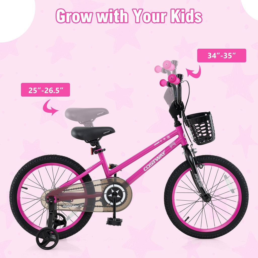 18 Inch Kids Bike with Front Basket and Training Wheels, Pink