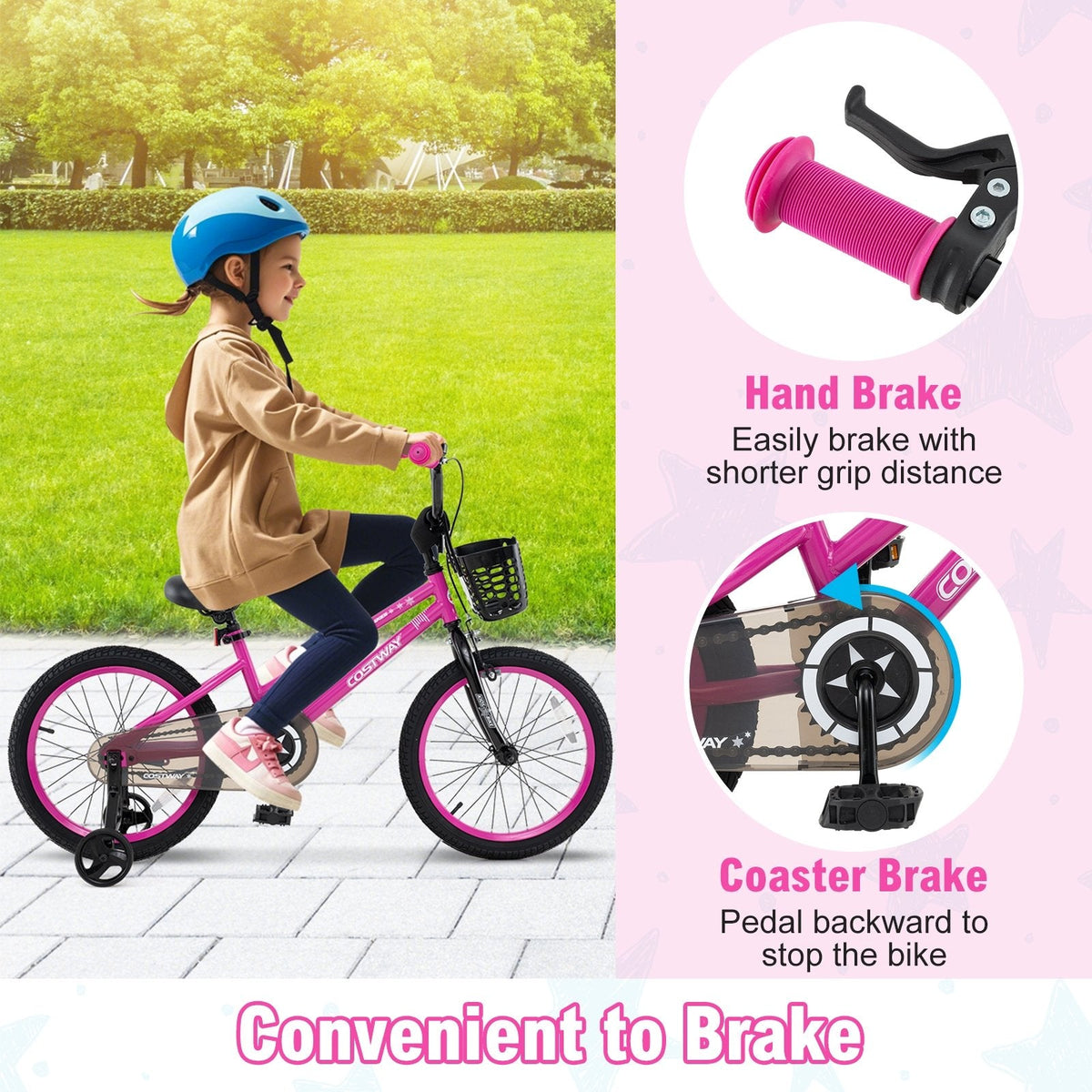 18 Inch Kids Bike with Front Basket and Training Wheels, Pink