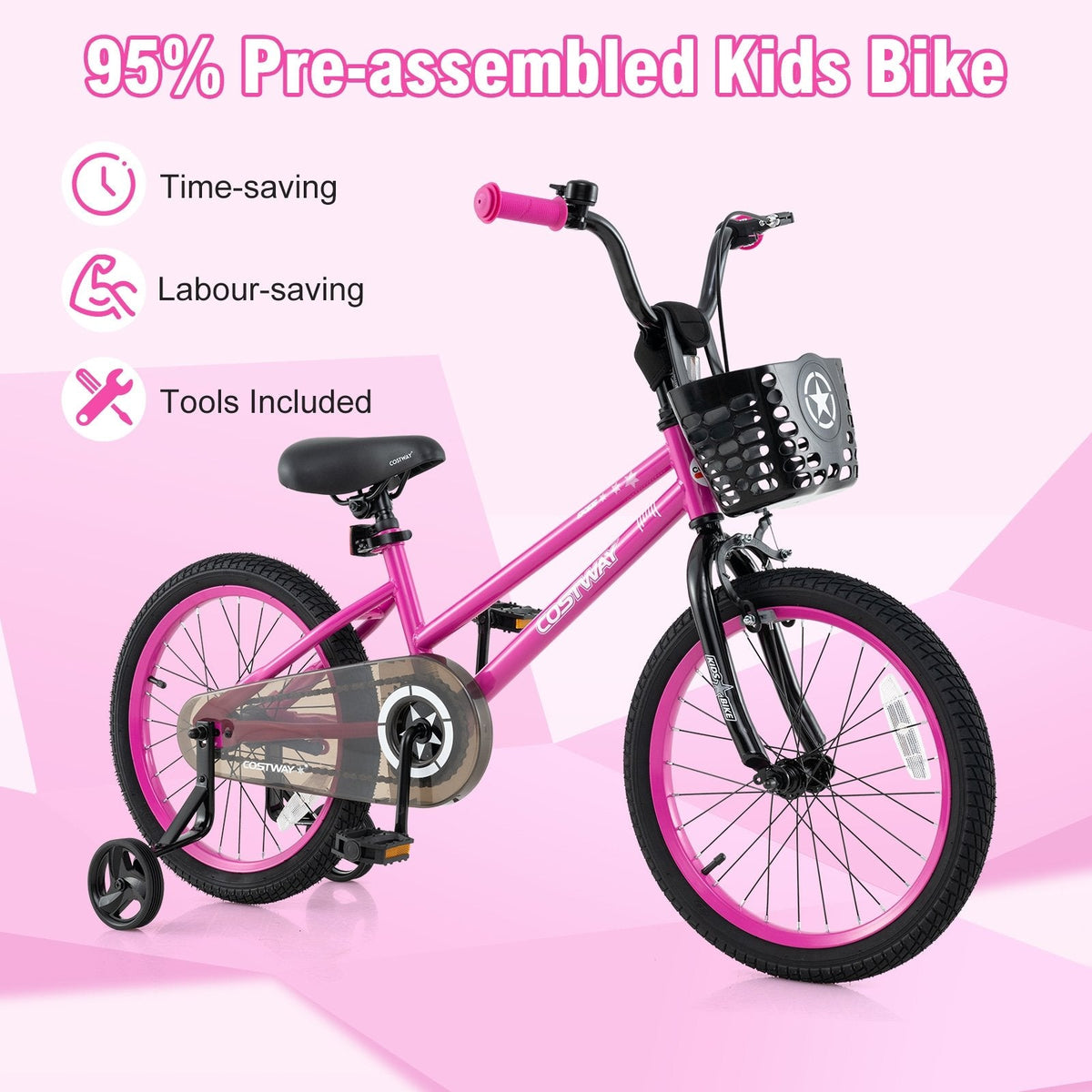 18 Inch Kids Bike with Front Basket and Training Wheels, Pink