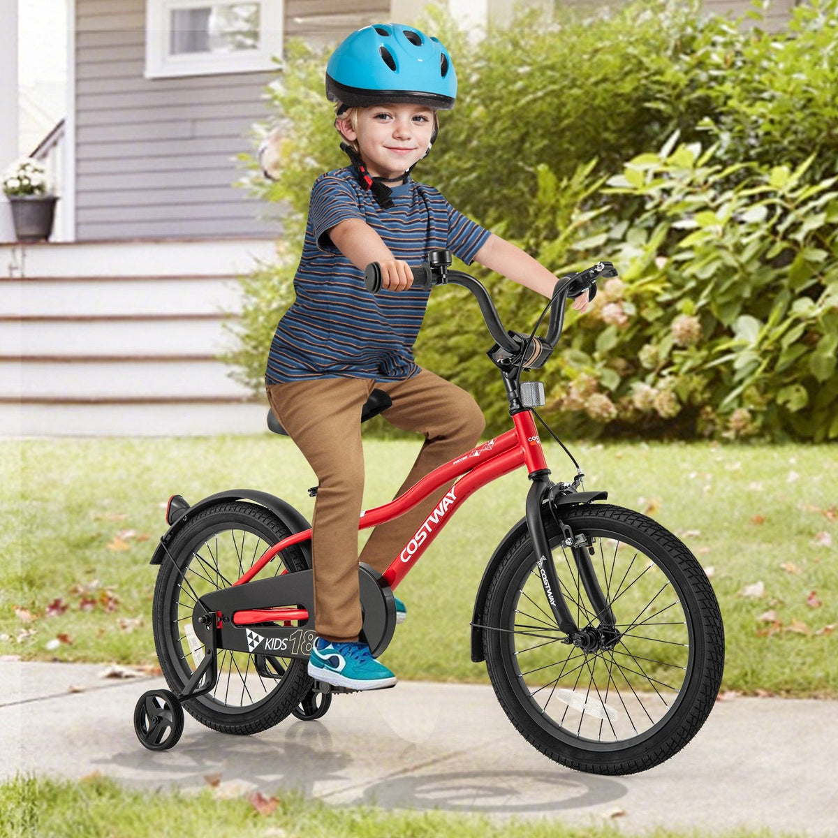 18 Inch Kids Bike with Kickstand, Reflectors and Detachable Training Wheels, Red