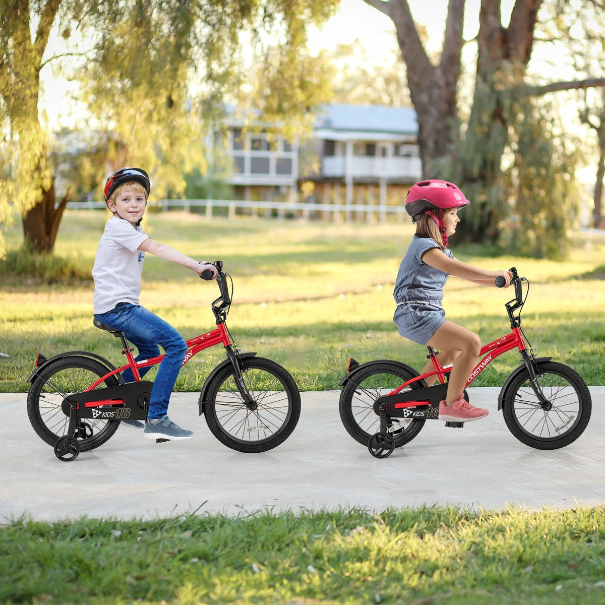 18 Inch Kids Bike with Kickstand, Reflectors and Detachable Training Wheels, Red