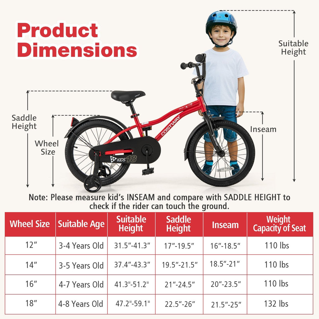 18 Inch Kids Bike with Kickstand, Reflectors and Detachable Training Wheels, Red