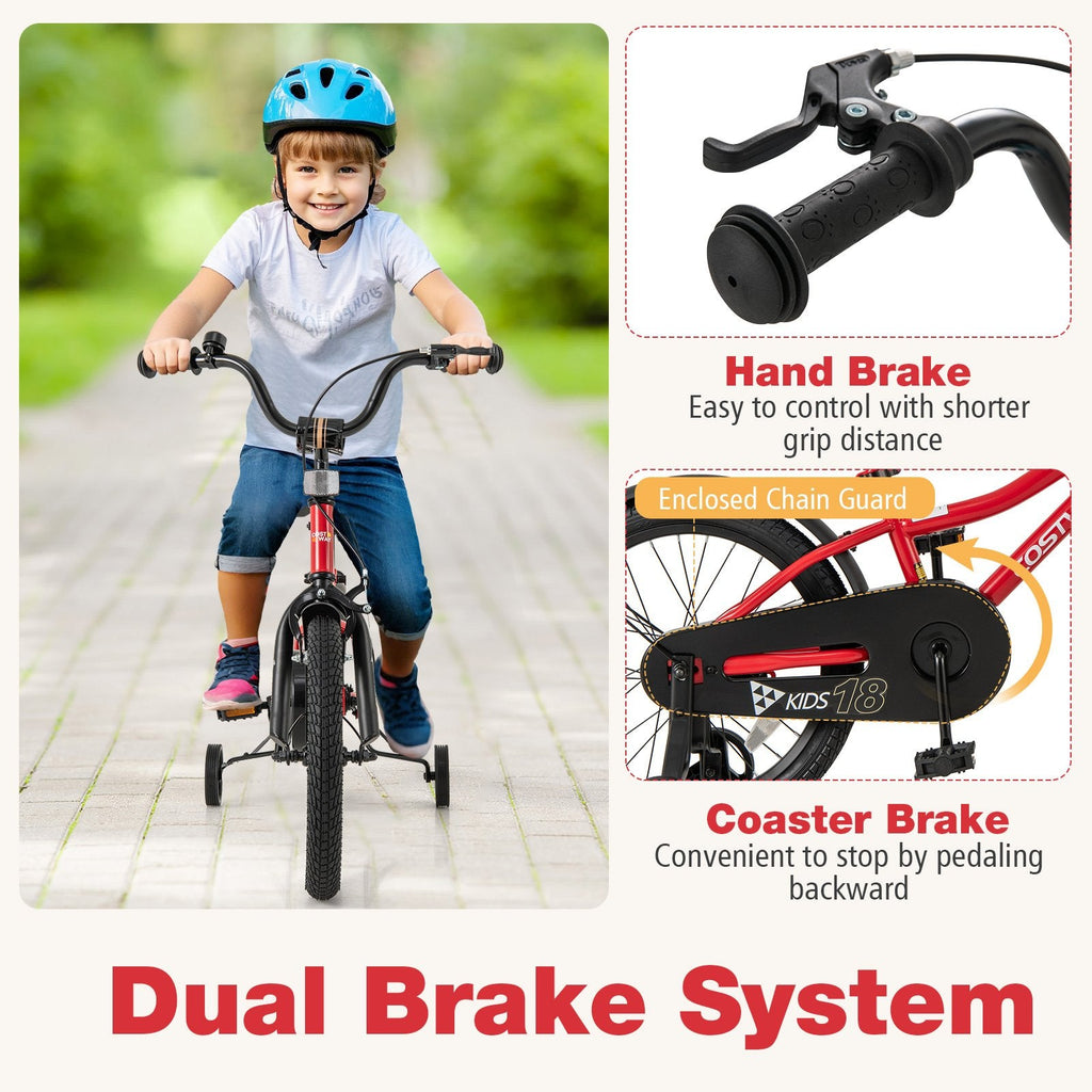 18 Inch Kids Bike with Kickstand, Reflectors and Detachable Training Wheels, Red