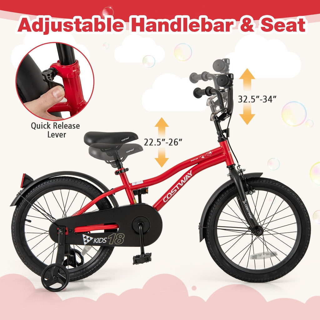 18 Inch Kids Bike with Kickstand, Reflectors and Detachable Training Wheels, Red