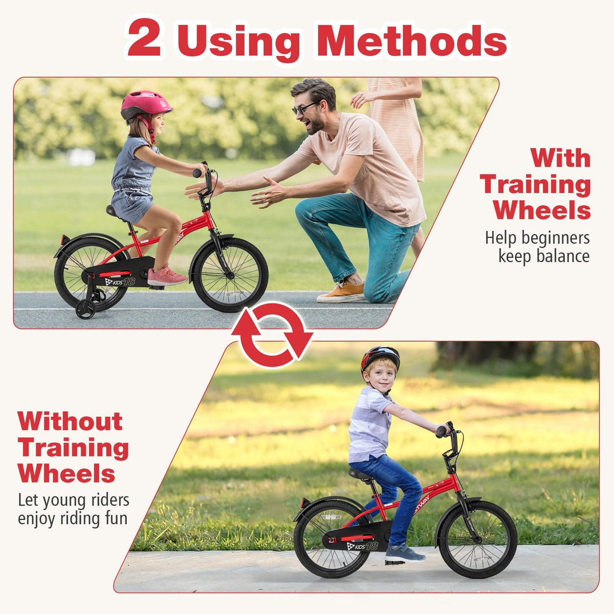 18 Inch Kids Bike with Kickstand, Reflectors and Detachable Training Wheels, Red