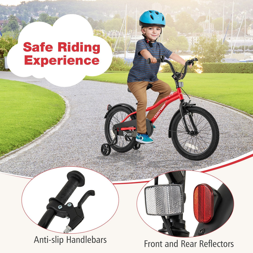 18 Inch Kids Bike with Kickstand, Reflectors and Detachable Training Wheels, Red