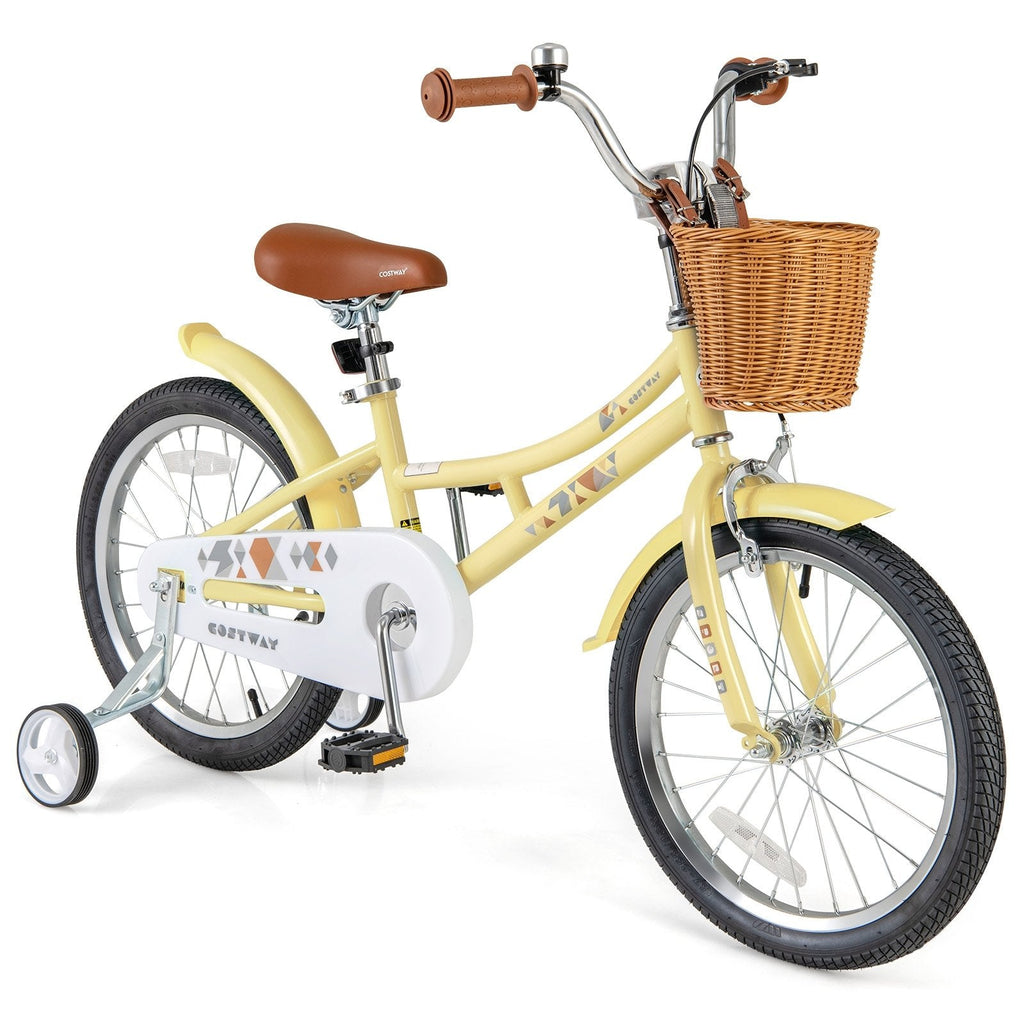 18 Inch Retro Kids Bike with Wicker Basket, Kickstand and Training Wheels, Yellow