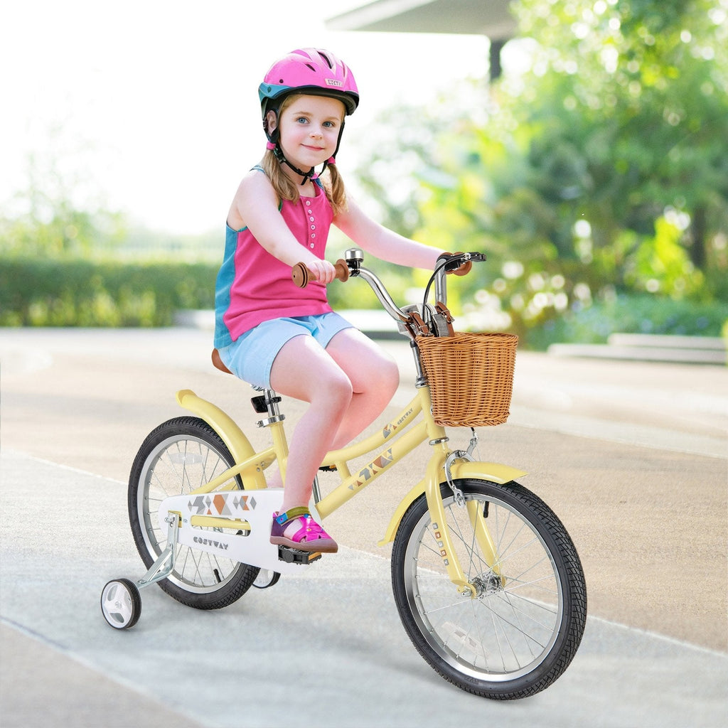 18 Inch Retro Kids Bike with Wicker Basket, Kickstand and Training Wheels, Yellow