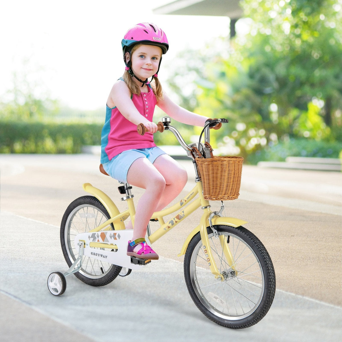 18 Inch Retro Kids Bike with Wicker Basket, Kickstand and Training Wheels, Yellow