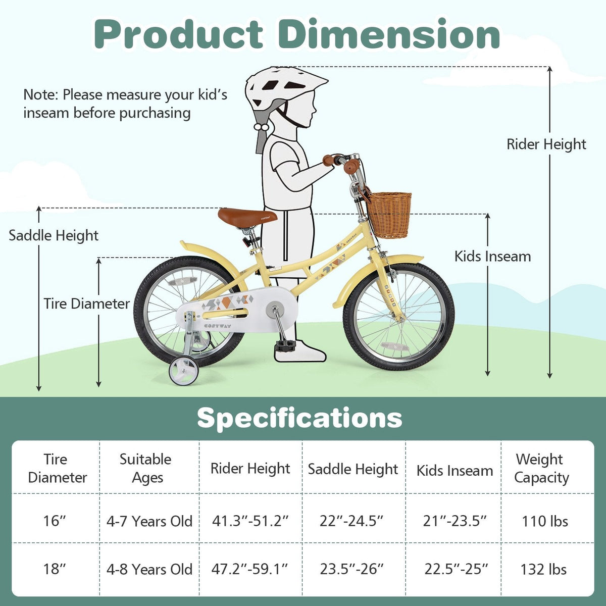 18 Inch Retro Kids Bike with Wicker Basket, Kickstand and Training Wheels, Yellow