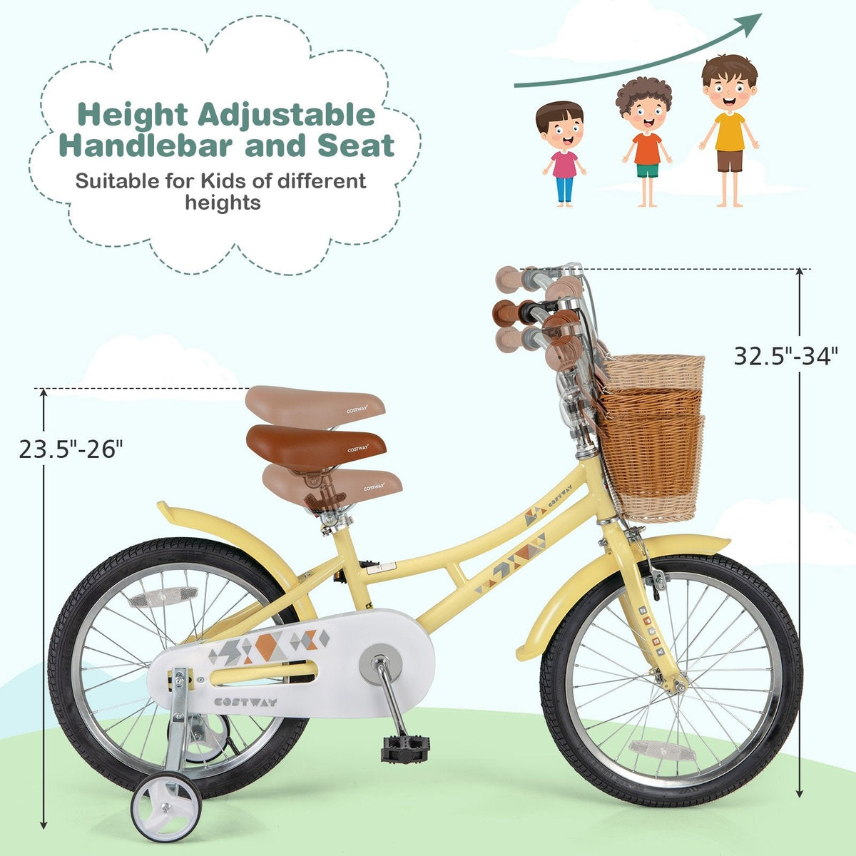 18 Inch Retro Kids Bike with Wicker Basket, Kickstand and Training Wheels, Yellow