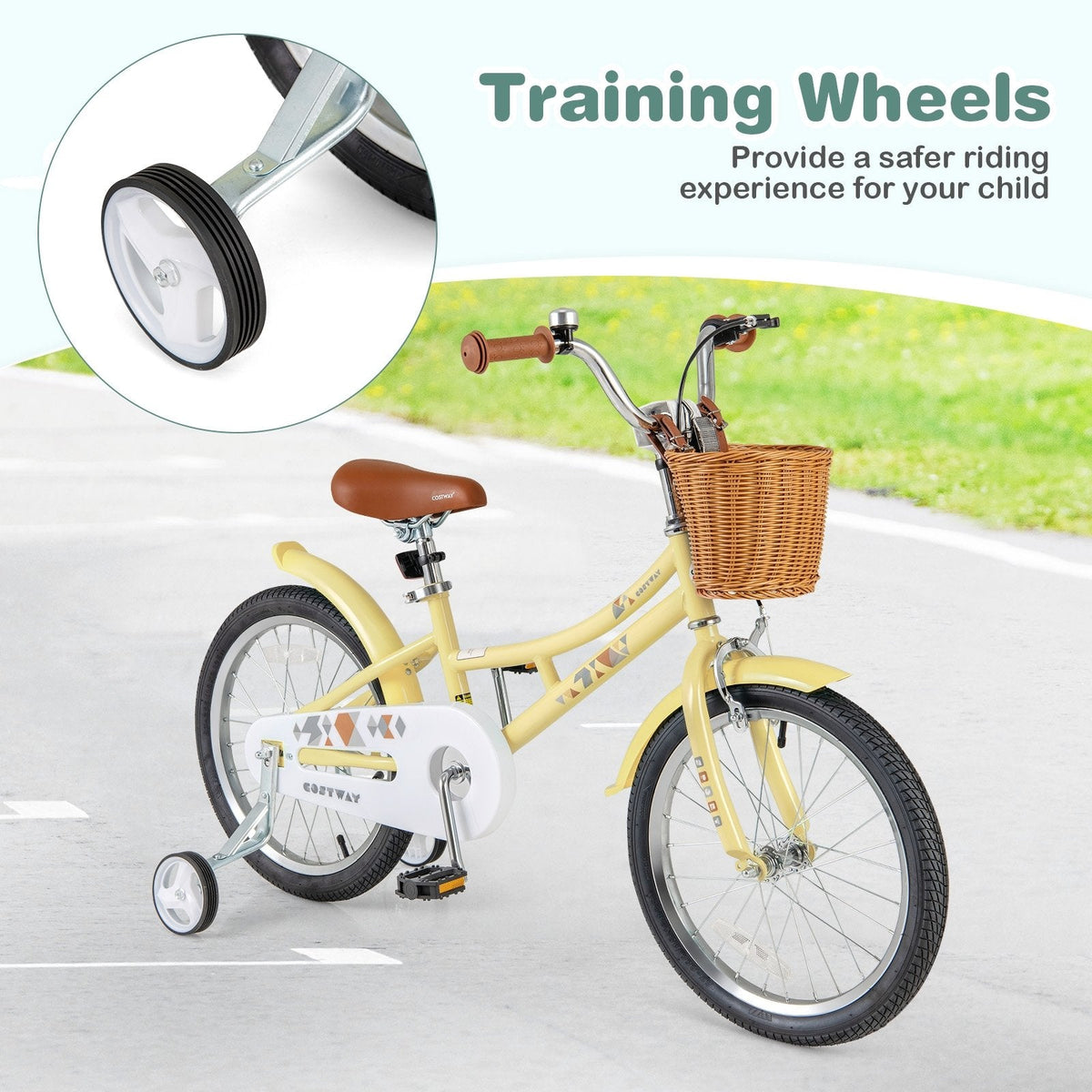 18 Inch Retro Kids Bike with Wicker Basket, Kickstand and Training Wheels, Yellow