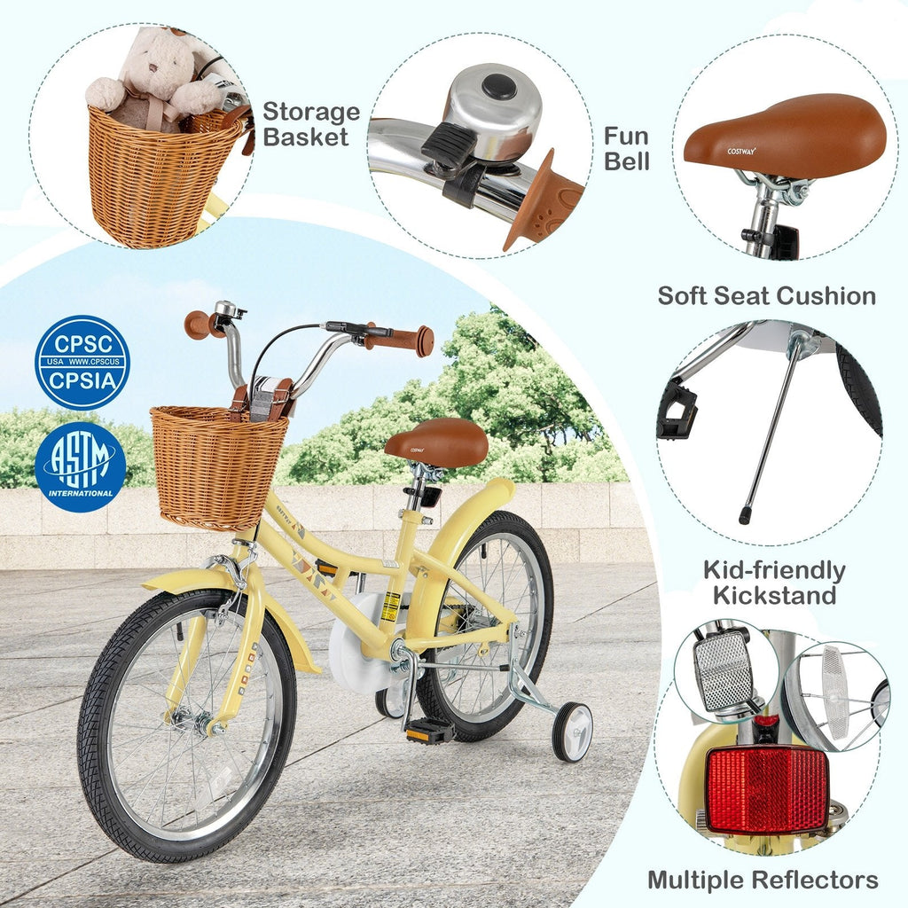 18 Inch Retro Kids Bike with Wicker Basket, Kickstand and Training Wheels, Yellow