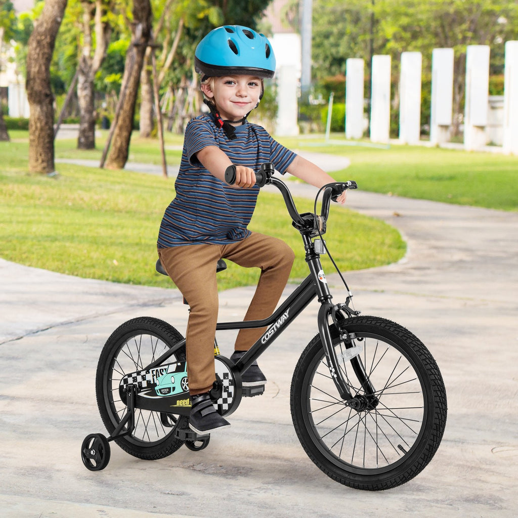 18 Inch Kids Bike with Low Step Frame, Kickstand and Training Wheels, Black