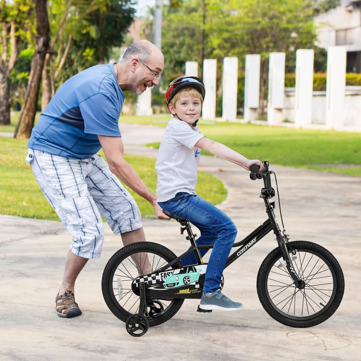 18 Inch Kids Bike with Low Step Frame, Kickstand and Training Wheels, Black