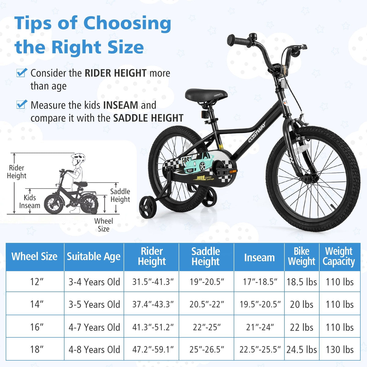 18 Inch Kids Bike with Low Step Frame, Kickstand and Training Wheels, Black