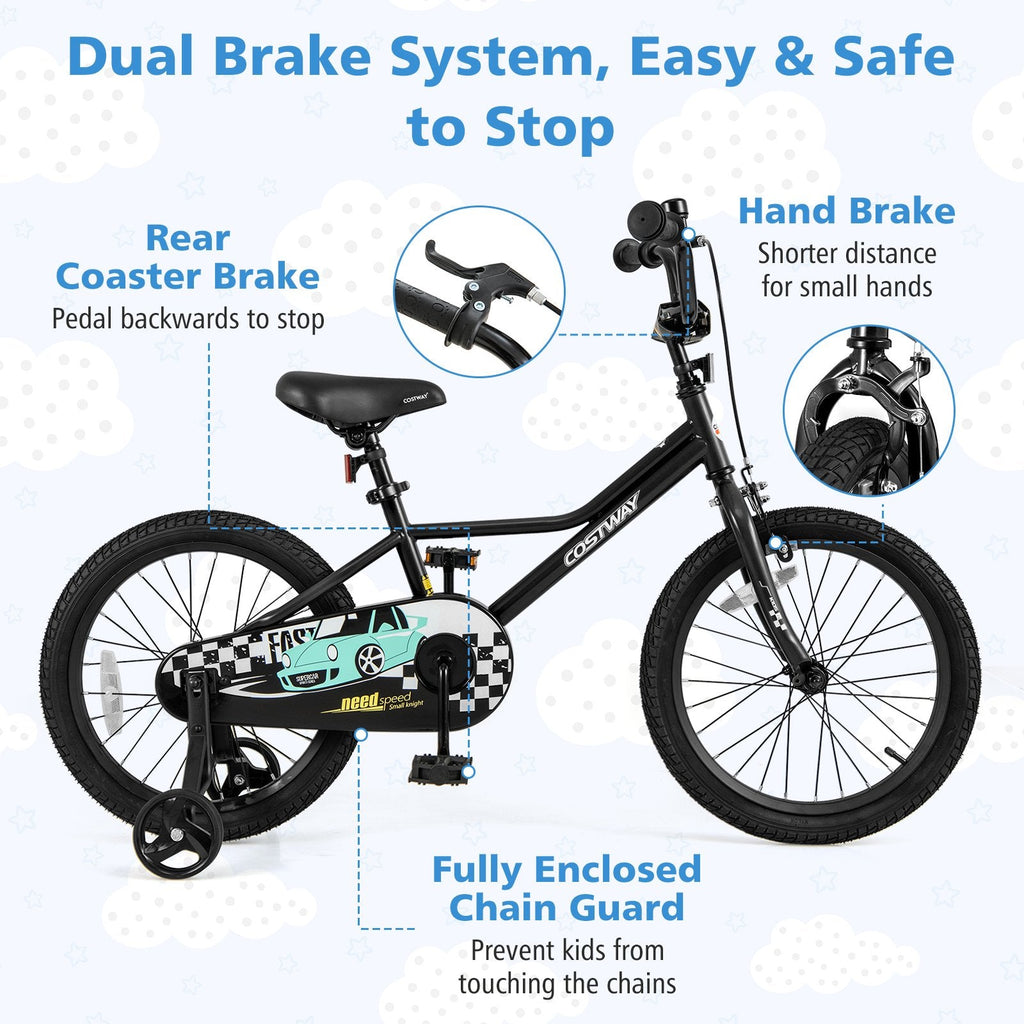 18 Inch Kids Bike with Low Step Frame, Kickstand and Training Wheels, Black