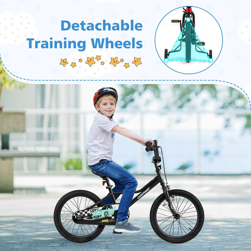 18 Inch Kids Bike with Low Step Frame, Kickstand and Training Wheels, Black