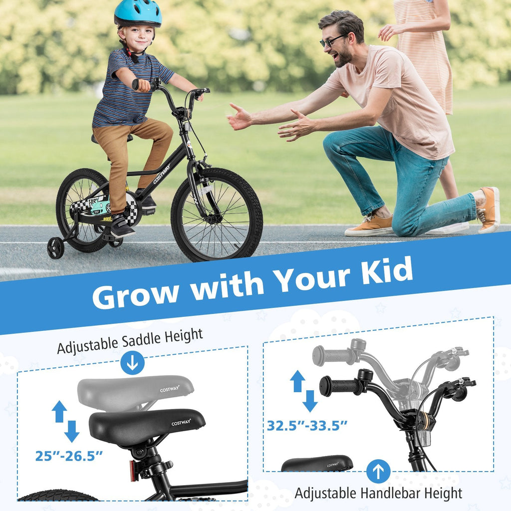 18 Inch Kids Bike with Low Step Frame, Kickstand and Training Wheels, Black