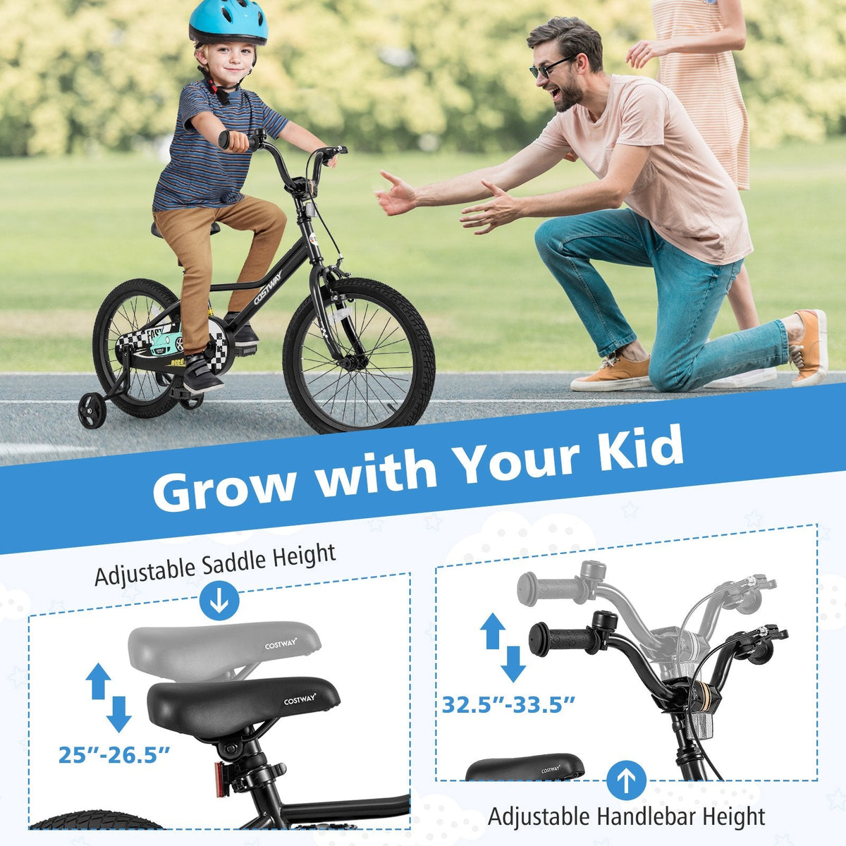 18 Inch Kids Bike with Low Step Frame, Kickstand and Training Wheels, Black