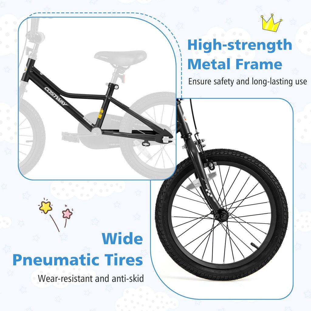18 Inch Kids Bike with Low Step Frame, Kickstand and Training Wheels, Black