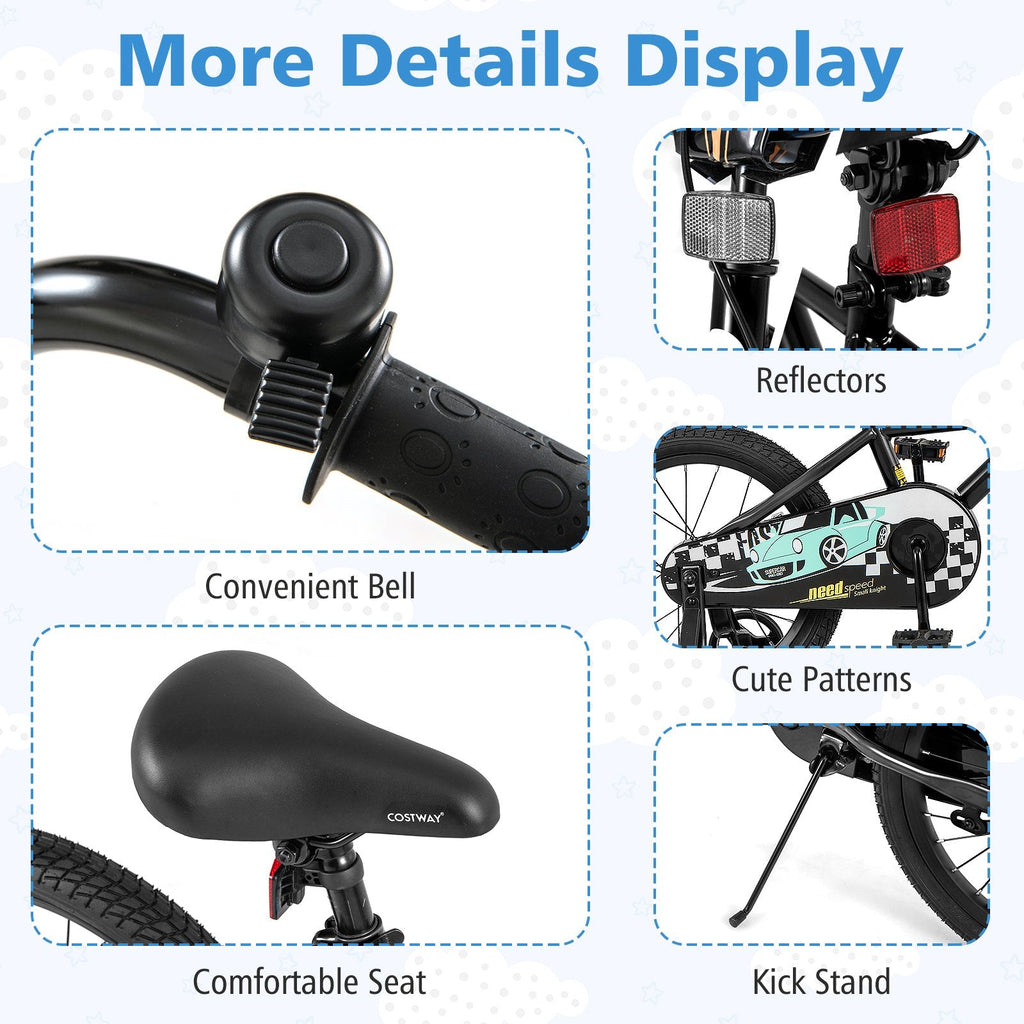 18 Inch Kids Bike with Low Step Frame, Kickstand and Training Wheels, Black
