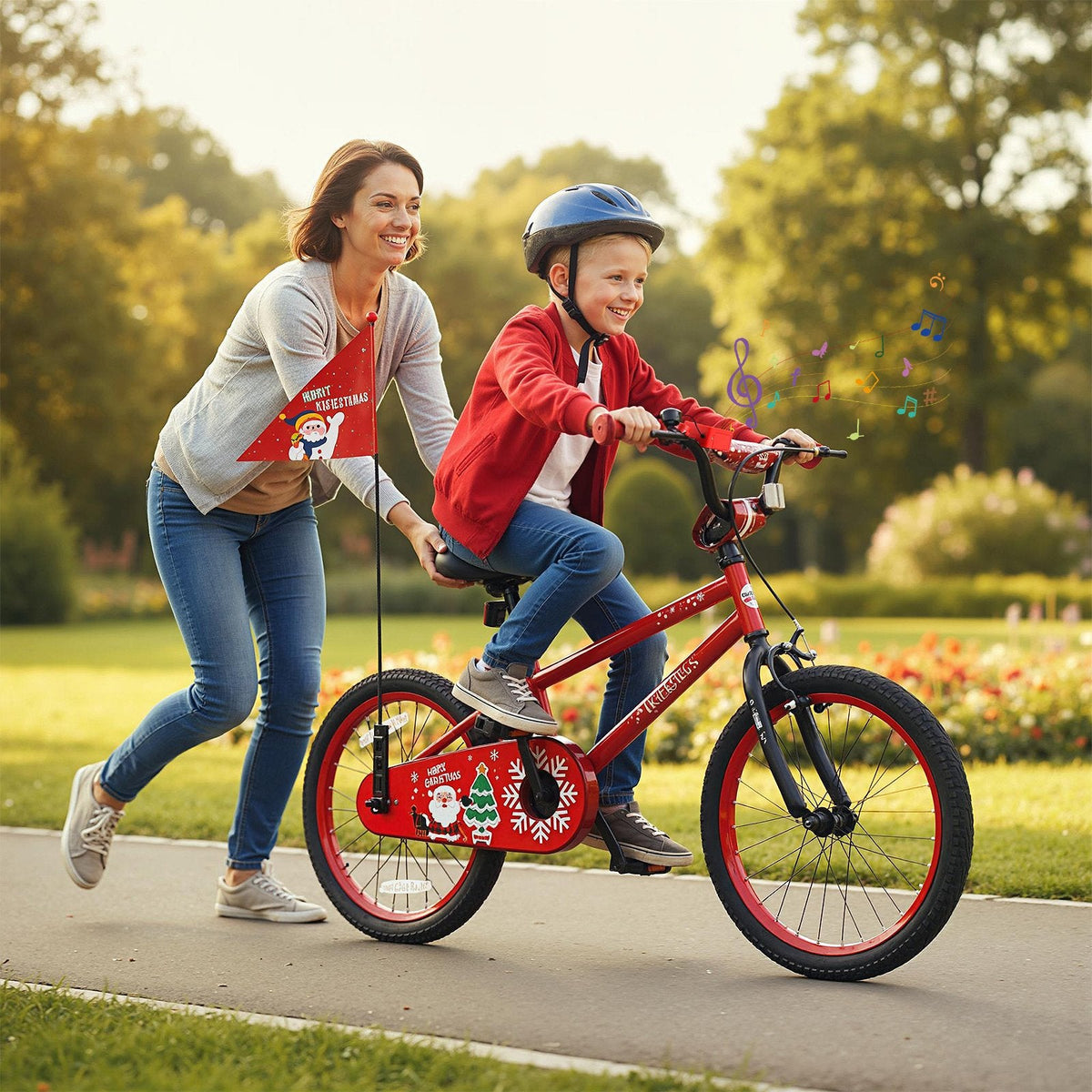 18 Inch Kids Bike with Front V Brake, Speaker and Training Wheels, Red