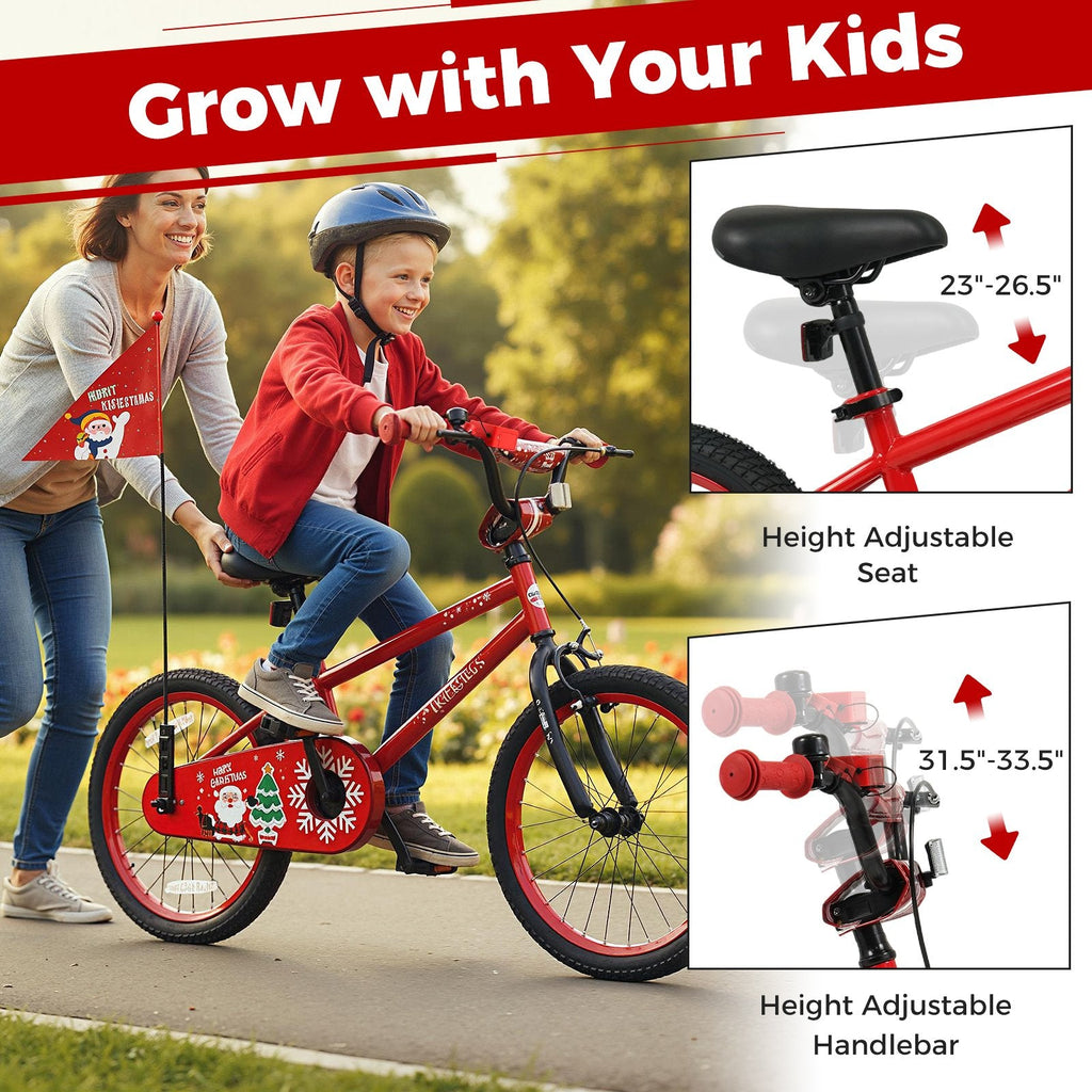 18 Inch Kids Bike with Front V Brake, Speaker and Training Wheels, Red