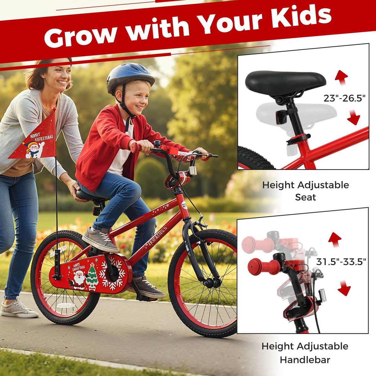 18 Inch Kids Bike with Front V Brake, Speaker and Training Wheels, Red