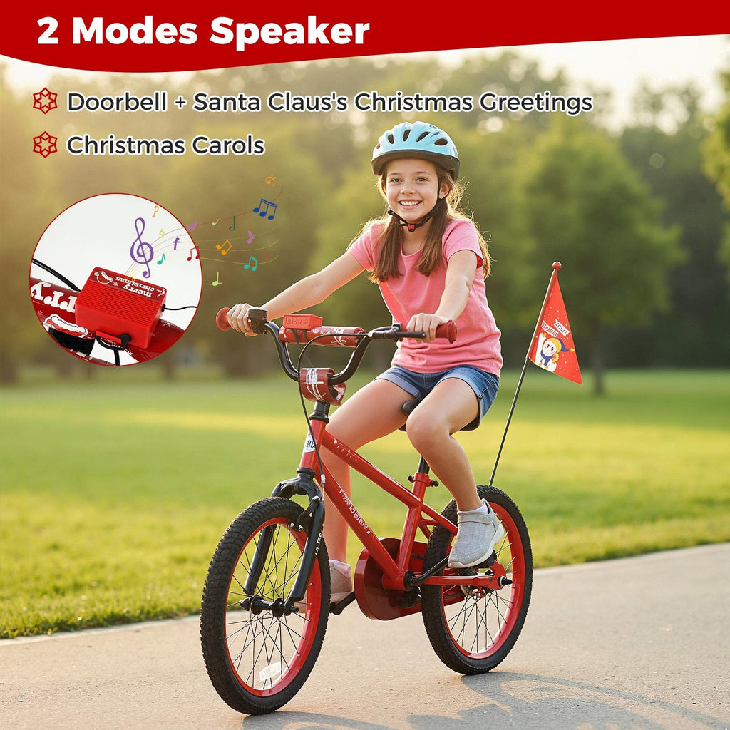 18 Inch Kids Bike with Front V Brake, Speaker and Training Wheels, Red
