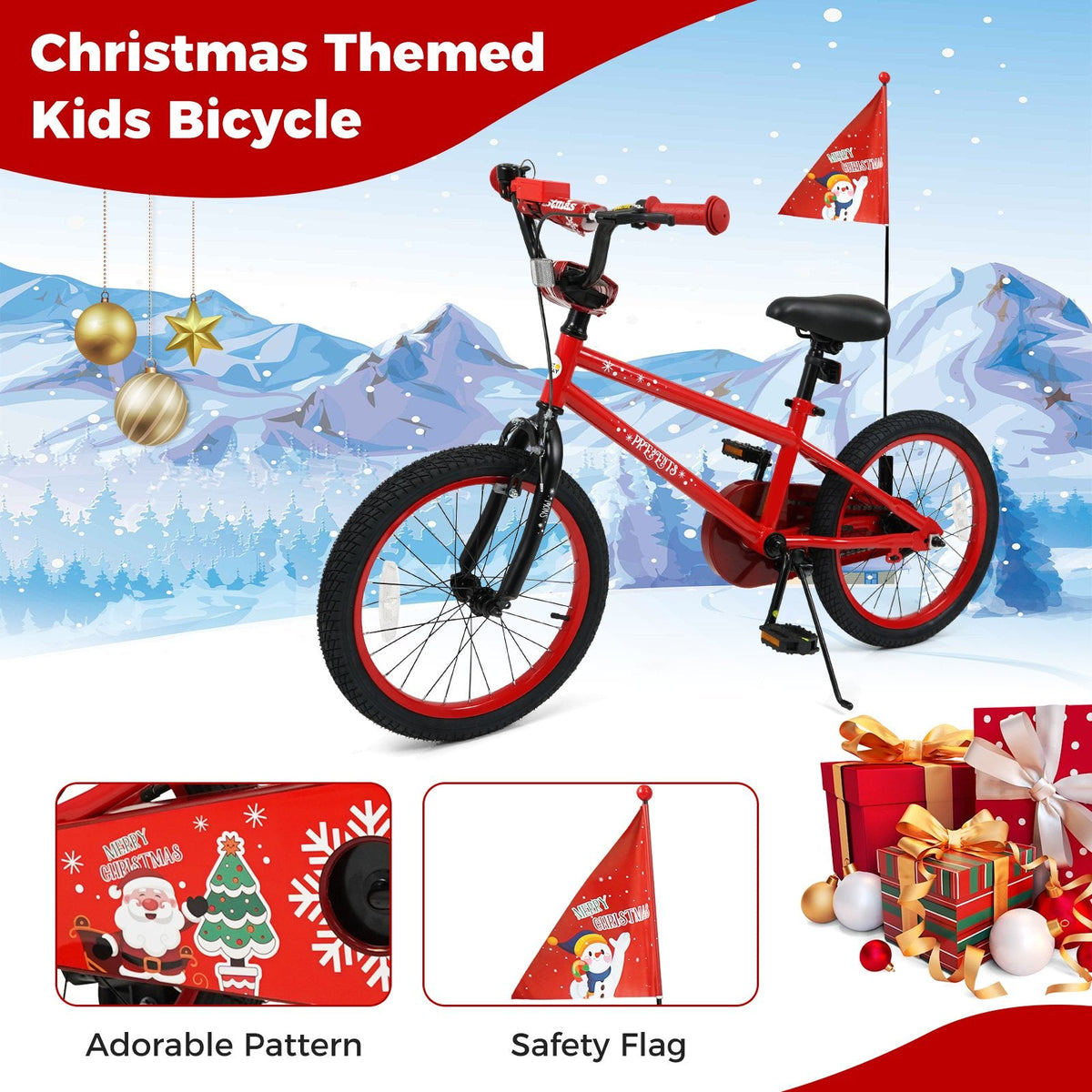 18 Inch Kids Bike with Front V Brake, Speaker and Training Wheels, Red
